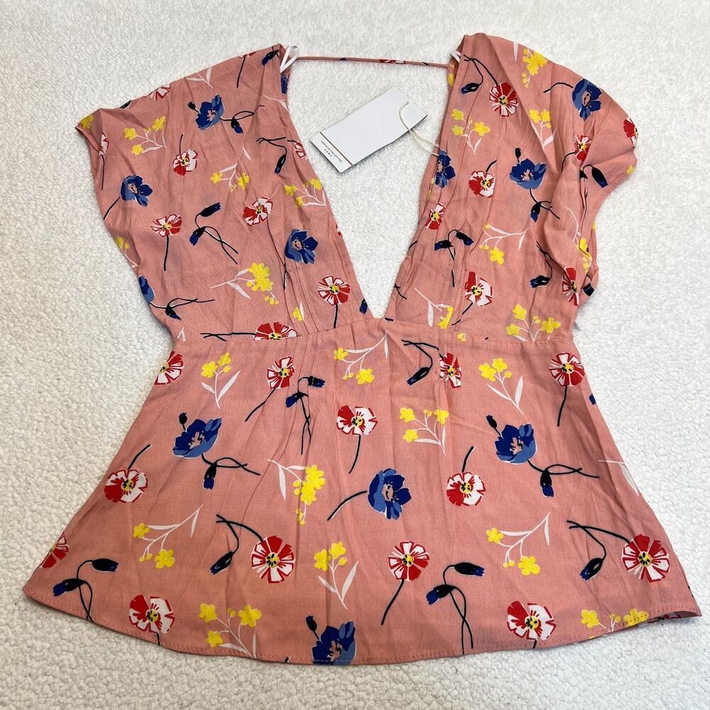 NWT Zara Womens Blouse Plunge Neckline Top Cap Sleeve Flowers Floral Pink, Sz S